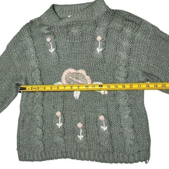 Vintage Shenanigans Knitted by Hand Made Blue Green Knitted Sweater Pink Flowers - Picture 6 of 9